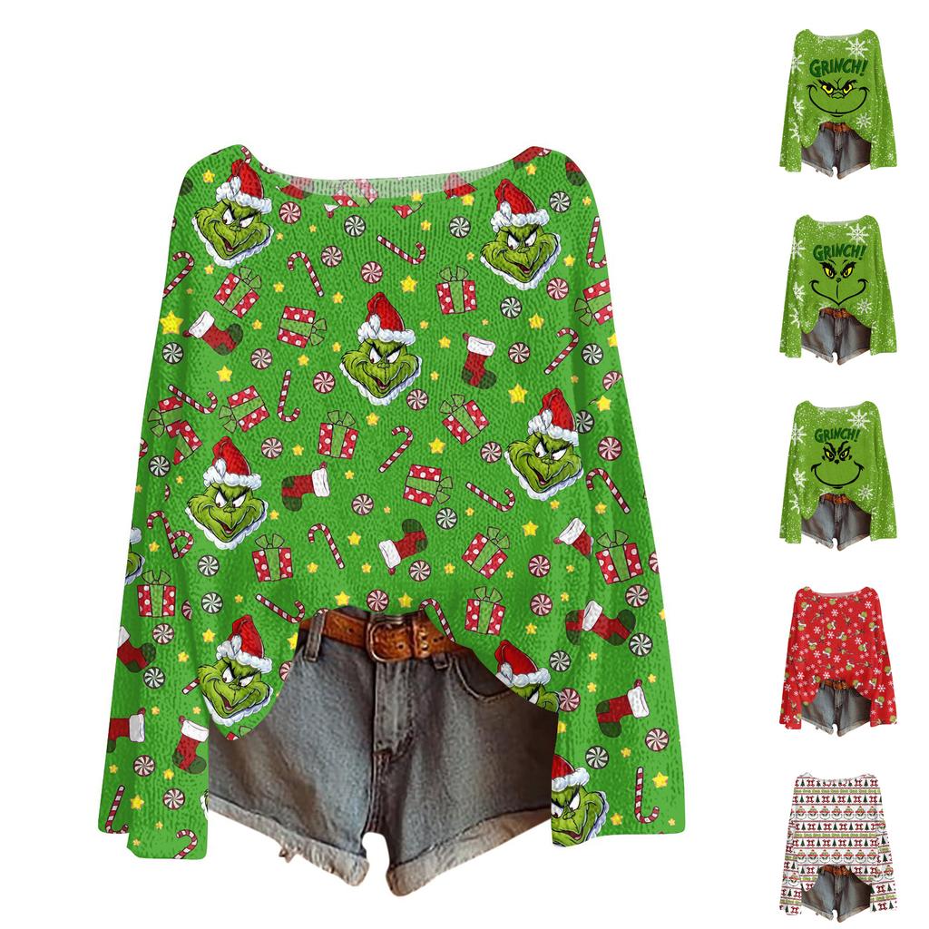 Women's Round Neck Lightweight Sweater Casual Long Sleeve Christmas Print Knit Pullover.