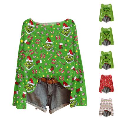 Женский легкий свитер с круглым вырезом, повседневный вязаный пуловер с длинным рукавом и рождественским принтом.