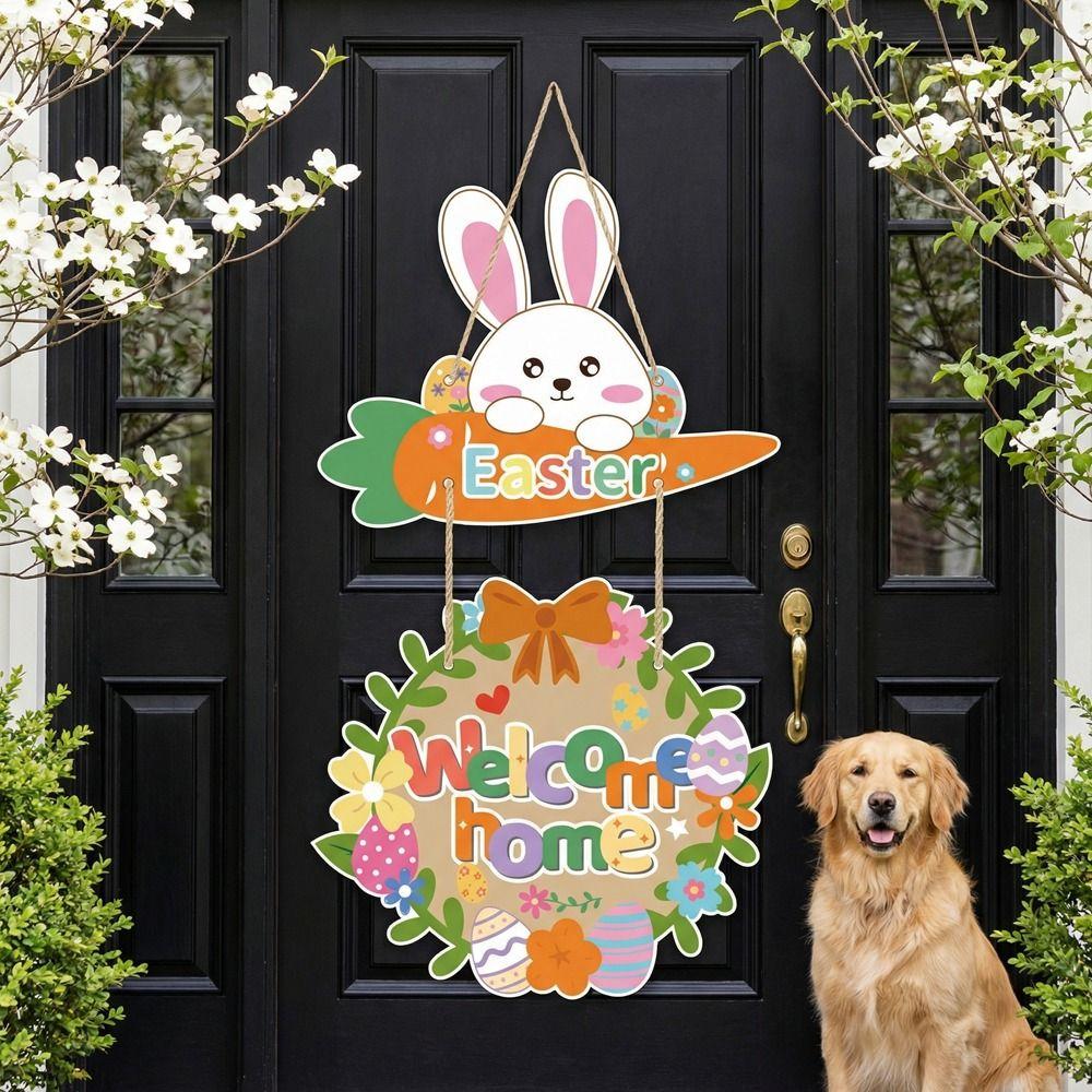 Cartoon Easter Welcome Sign Paper Bunny Egg Decor Easter Hanging Ornament Party Decoration