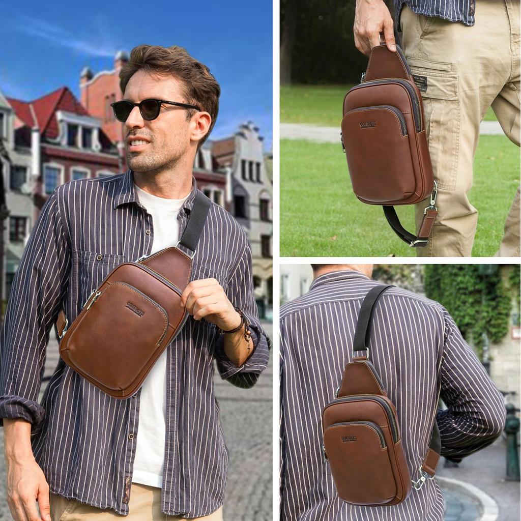 CONTACT'S Genuine Leather Chest Bag Casual Crossbody Bag Travel Shoulder Backpack Men's Leather Multifunctional Bag