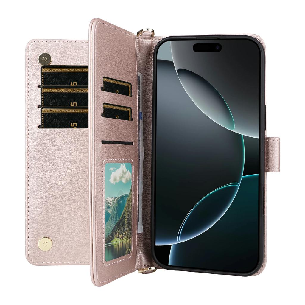 For iPhone 16 Pro Max Wallet Case with Shoulder/Wrist Strap Leather Phone Cover Stand