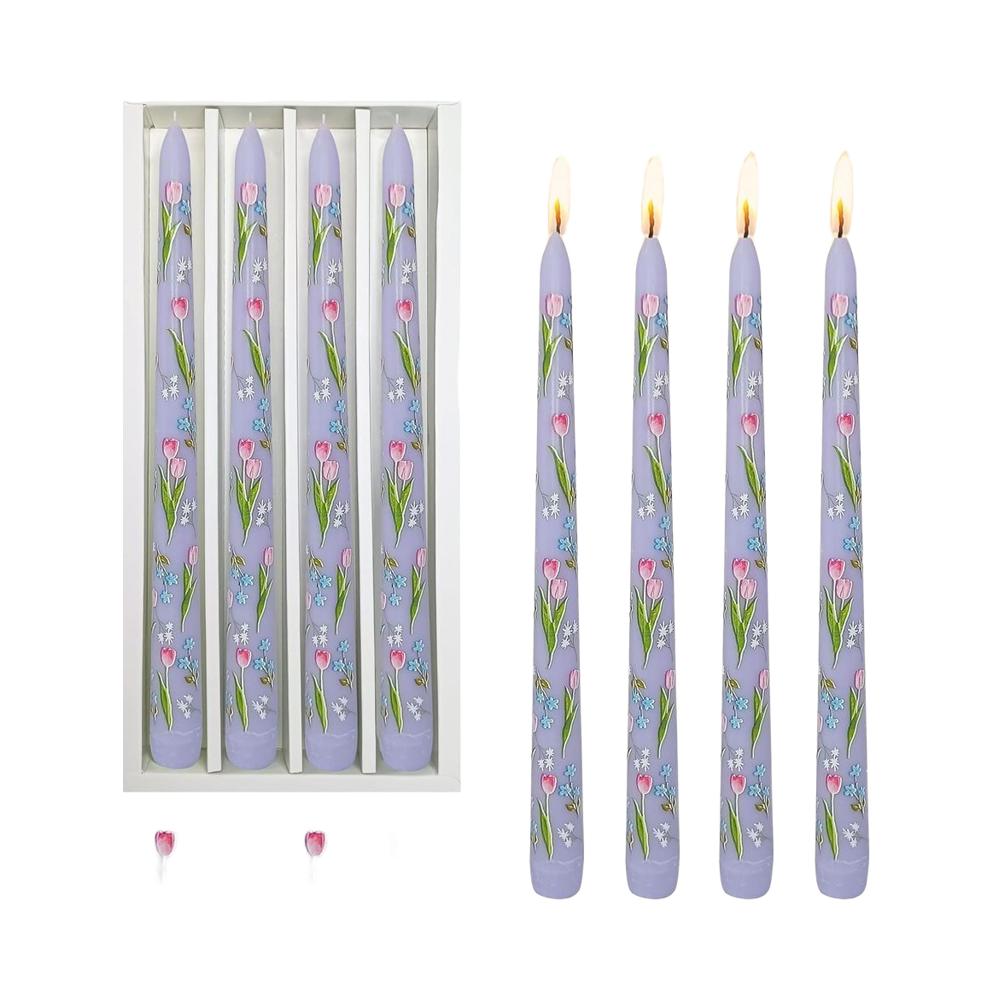 Purple Scented Print Taper Candles Drippless 4pcs Candlesticks 10inches Long for Home Party Wedding Tapered Candles
