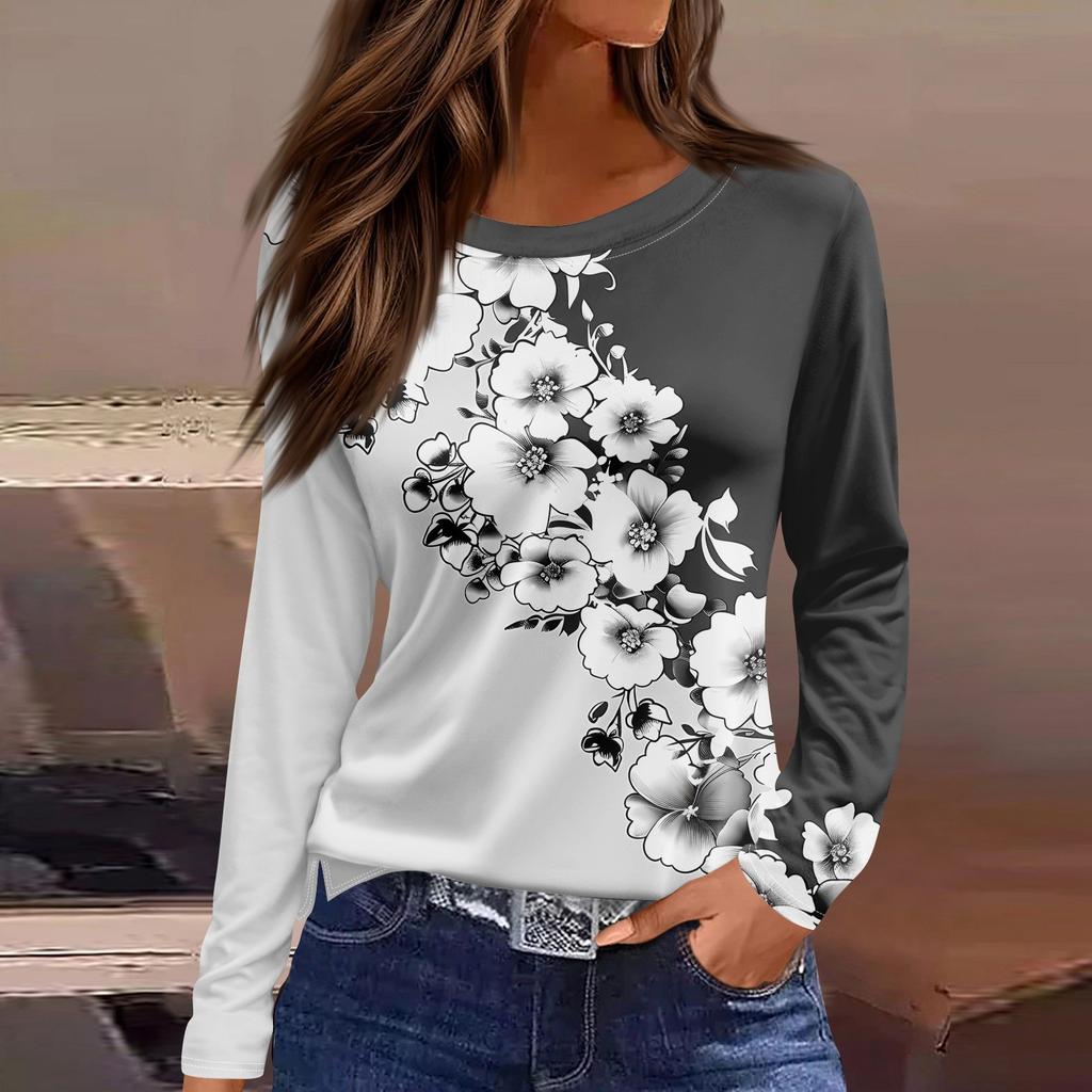 Женская модная повседневная свободная футболка с принтом и круглым вырезом с разрезом и длинным рукавом, женский топ