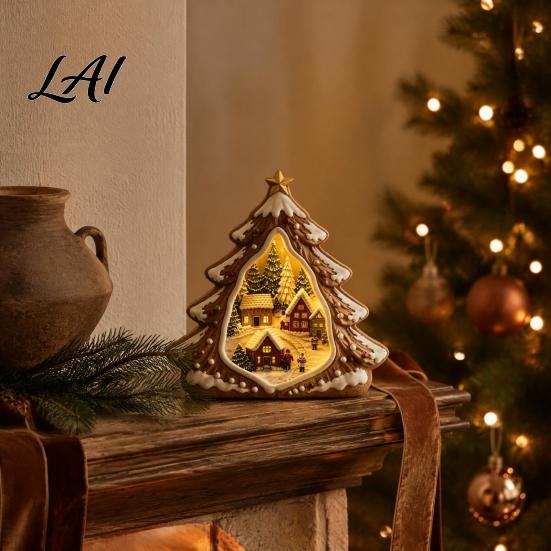 Indoor Winter Wonderland Ornaments Christmas Wooden Tabletop Decor with Warm LED Lights 2D Printed Snow Village Scene Tree Figurines Santa