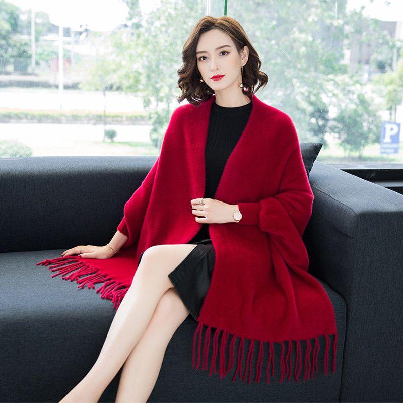 Женское пальто из искусственной норковой шерсти, осеннее и зимнее пальто-шаль, свитер, кардиган, шарф, универсальное пончо из утолщенной шерсти двойного назначения