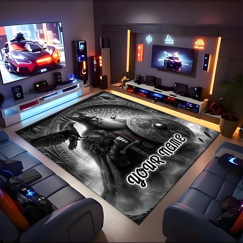 1PC Custom Name Warrior's Shield Theme Floor Mat Ideal for Living Room, Game Rooms, Office, Bedroom,Floor Mat Playful Design