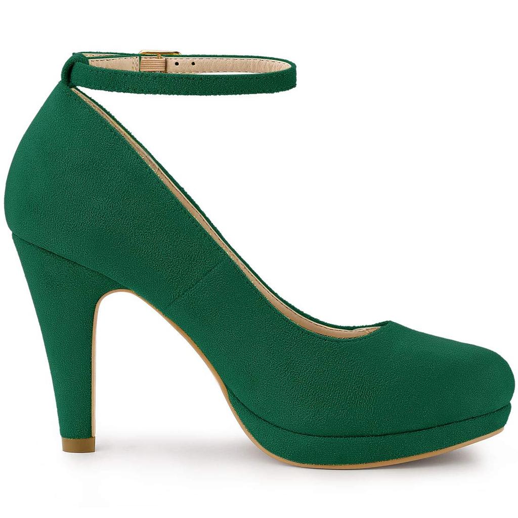 Allegra K Women's Green Round Toe Stiletto Heel Pumps with Ankle Strap, Size 24.5cm