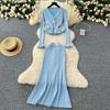 Two Piece Business Set Women Outfits Long Sleeve Tunic Cropped Cardigan High Waist Bodycon Fishtail Skirt Suit Fashion Knitted Sweater Suit