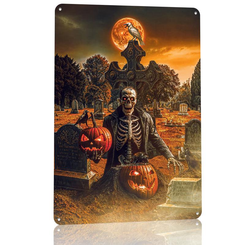 Skeleton With Pumpkins on Halloween Personalized D Textured Metal Poster Wall Art Vintage Tin Signs for Home and Decoration
