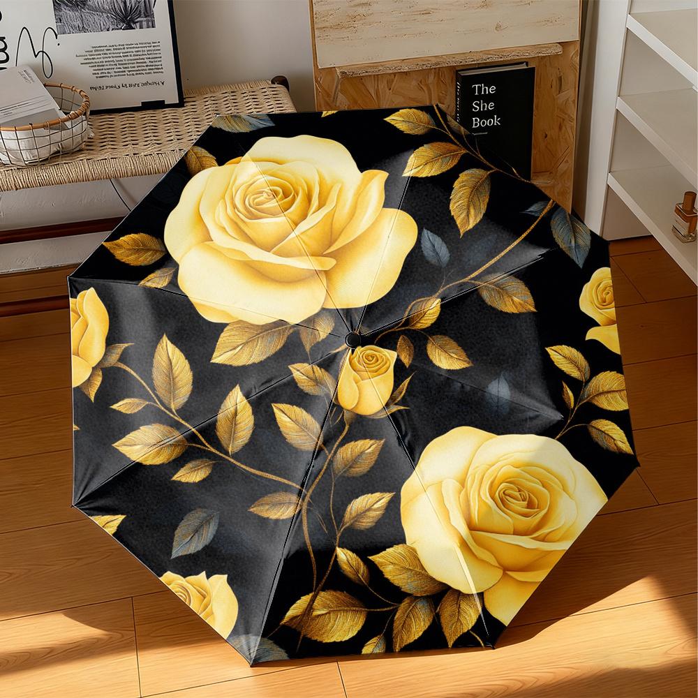 1 Open/Close Flower Umbrella with Yellow Rose Print on Black - Folding/Unfolding, Portable Compact Umbrella Suitable for Trave