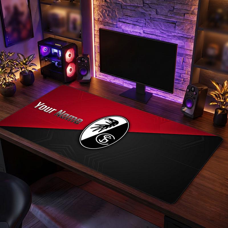 SC Freiburg Custom Large Mouse Pad, Personalized Name Text Print, Football Logo Non‑Slip Desk Mat Gaming Gift