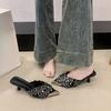Pointed Toe Stiletto High Heel Baotou Half Drag Summer New Rhinestone Flower Fairy Wind Metal Head Cold Slippers Outside Wear