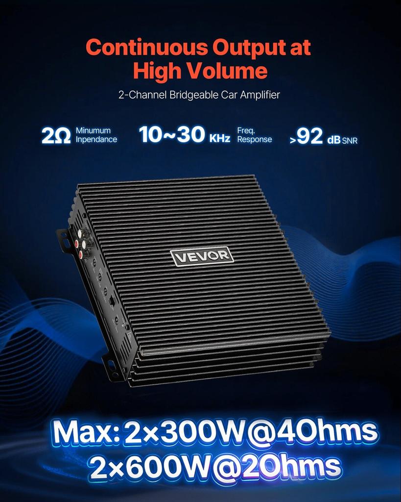 Car Audio Amplifier, 2-Channel Bridgeable Car Amplifier, Full-Range Class AB Stereo Amp, Max. 2 x 300W at 4 Ohms / 2 x 600W at 2 Ohms, High Output,