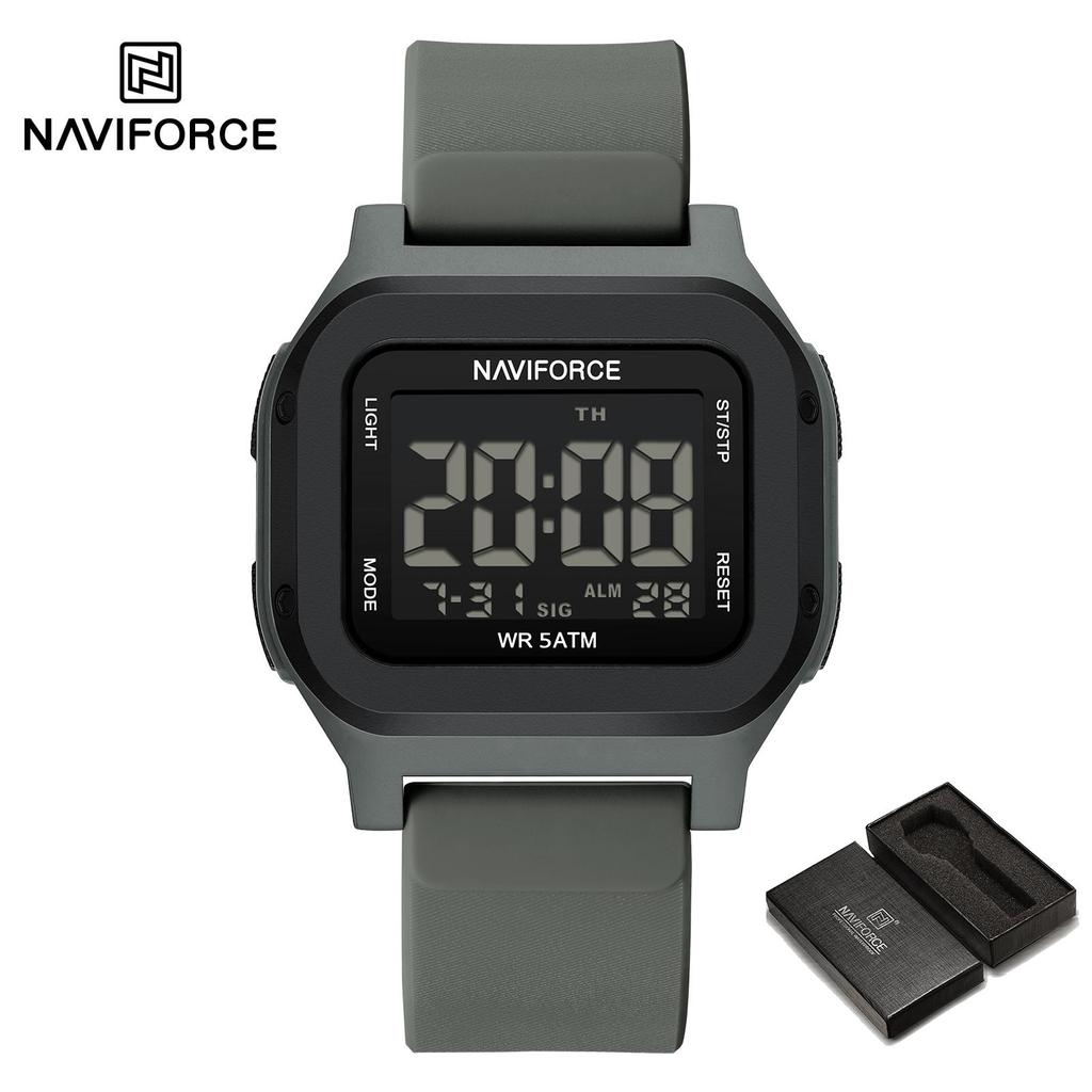 Naviforce Оригинальные мужские цифровые часы, квадратный корпус, силиконовый ремешок, водонепроницаемые, календарь, дата, хронограф, будильник, мужские спортивные часы для отдыха NF7137
