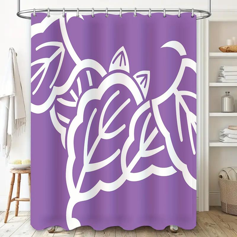 Purple Shower Curtain With White Leaf Pattern Modern Bathroom Decor Waterproof Fabric Material For Home Improvement Easy Install