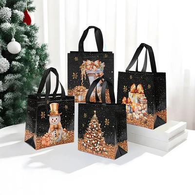 Счастливого Рождества Черное Золото Нетканый Мешок Снеговик Елка Узор Сумка-Тоут Подарочная Упаковка Водонепроницаемый Мешочек для Хранения