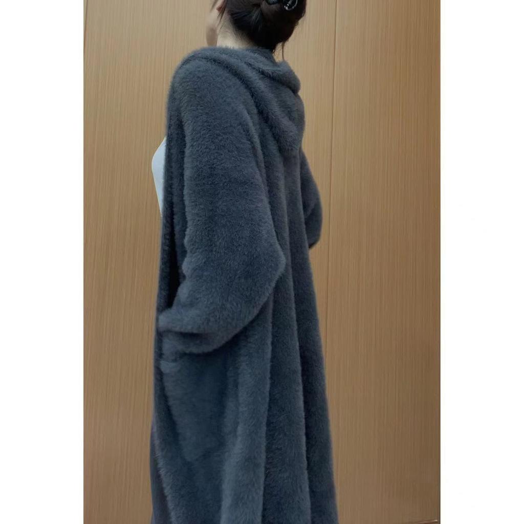 New Long Imitation Mink Velvet Knitted Cardigan Korean Style Lazy Style Loose Hooded Sweater Jacket for Women