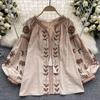 Women Spring Vintage Blouse Korean Embroidered Ethnic Style Shirt Embroidered Tassel Loose Tie Round Neck Bubble Sleeve New Top