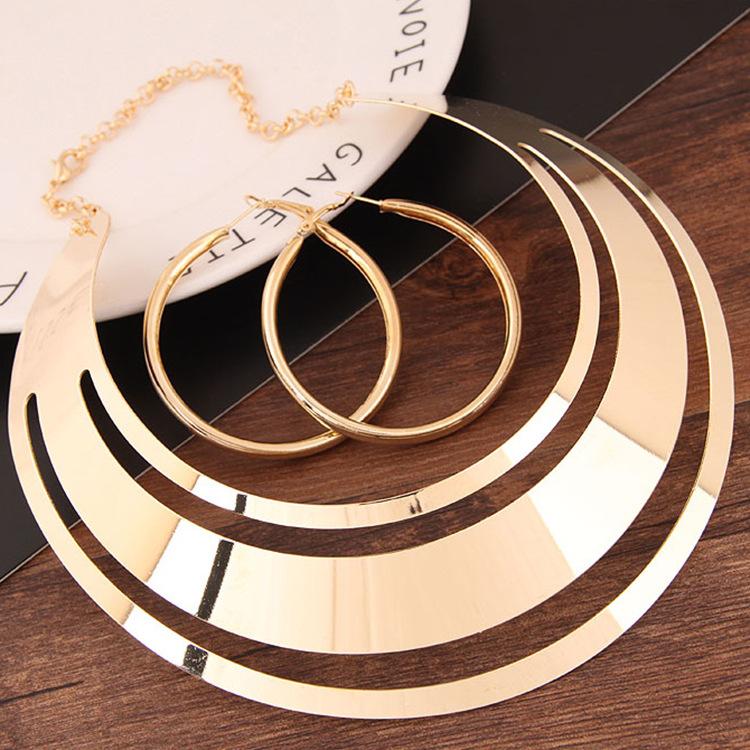 European and American fashion, metal texture exaggerated punk street shot hipster woman, geometric collar necklace earring set 1180