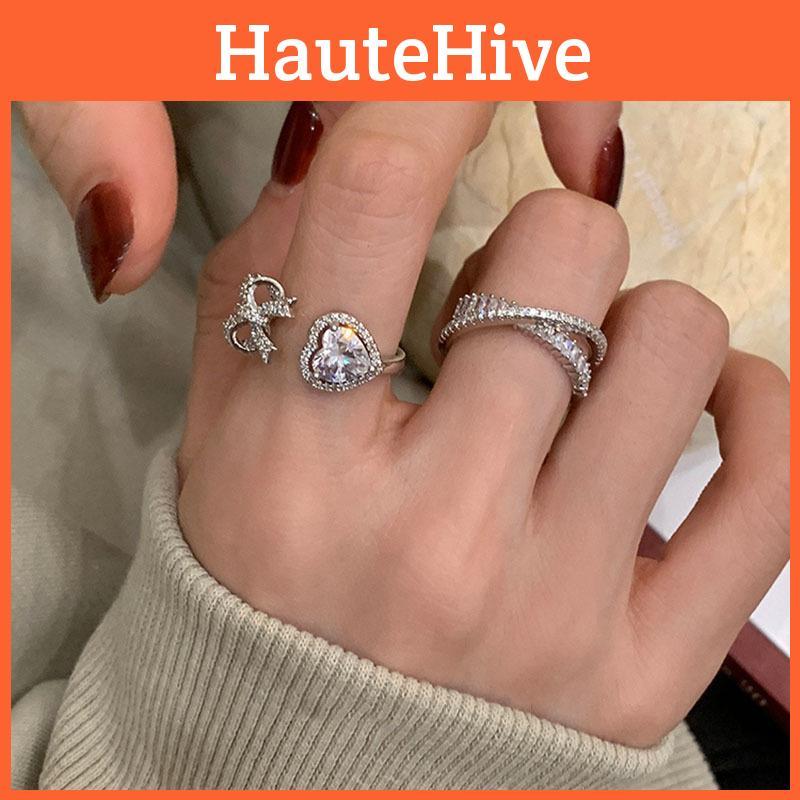 Fashionable Copper Heart Bow Zircon Adjustable Ring For Women Trendy Jewelry