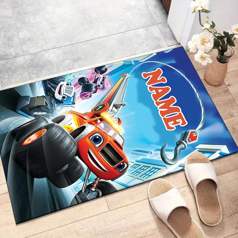 Custom Blaze and the Monster Machines Mat Personalized Name, Polyester Washable Indoor Entryway Rug, Gift for Christmas, Easter, Thanksgiving Day