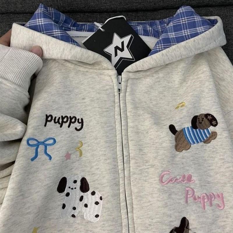 Womens Cotton Hooded Sweatshirt Embroidered Plaid Detail Zip-Up Loose Fit Casual Winter Wear