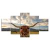 Longhorn Cattle Ox Cow Farms Animal 5 Piece Five Panel Wall Canvas Print Modern Art Poster Picture Home Decor Gift For Him For Her