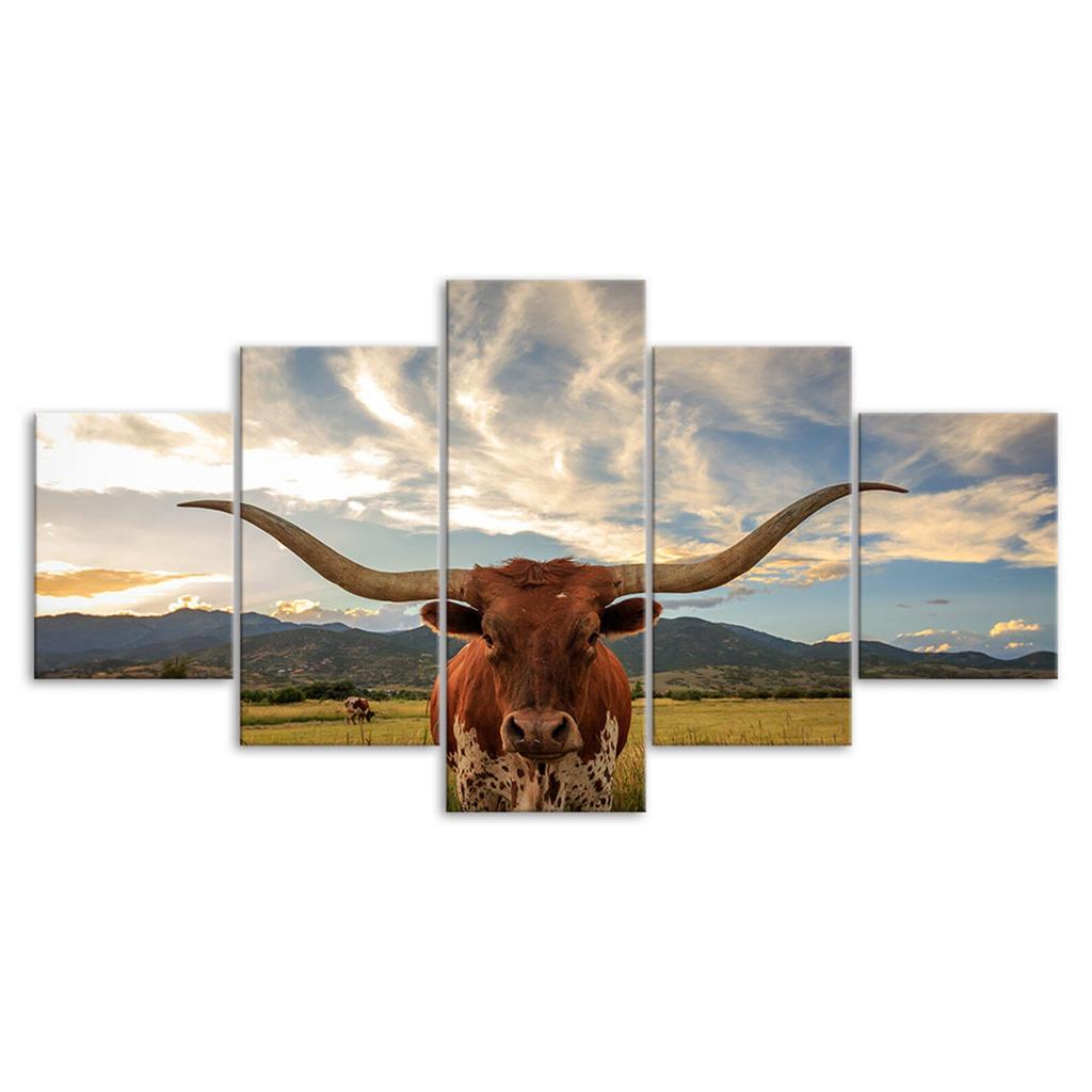 Longhorn Cattle Ox Cow Farms Animal 5 Piece Five Panel Wall Canvas Print Modern Art Poster Picture Home Decor Gift For Him For Her