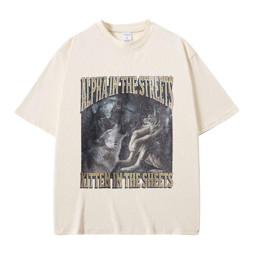 Альфа на улице, котенок в постели, смешная футболка с мемом про оборотня, мужская, женская, повседневная, оверсайз, уличная одежда, мужская модная футболка