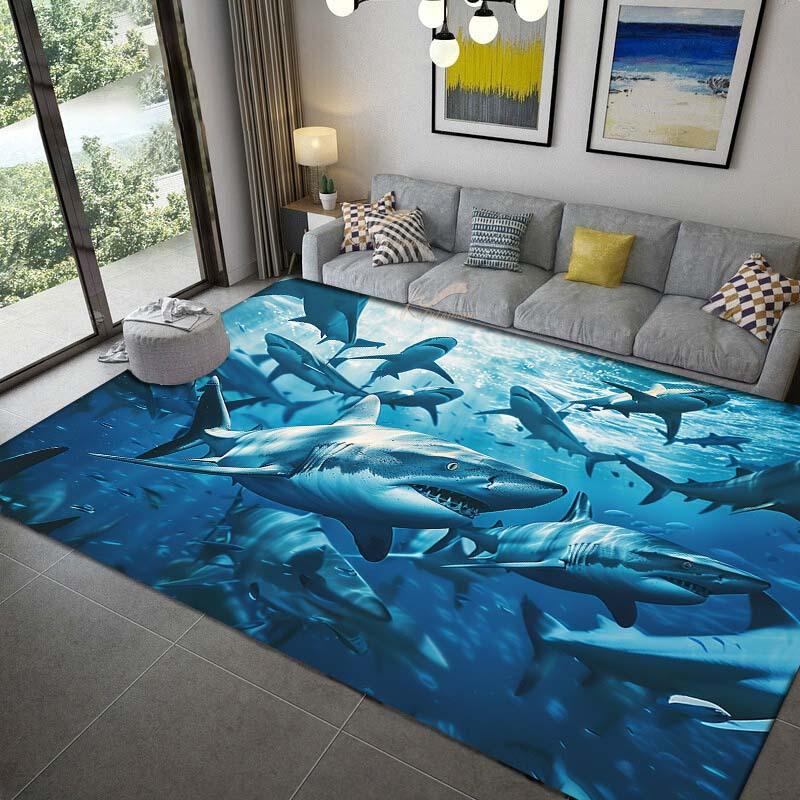 Shark Group Crystal Rug, 800gsm Velvet Polyester, Non Slip Carpet, Realistic Underwater Scene, Bold Living Room Bedroom Decor
