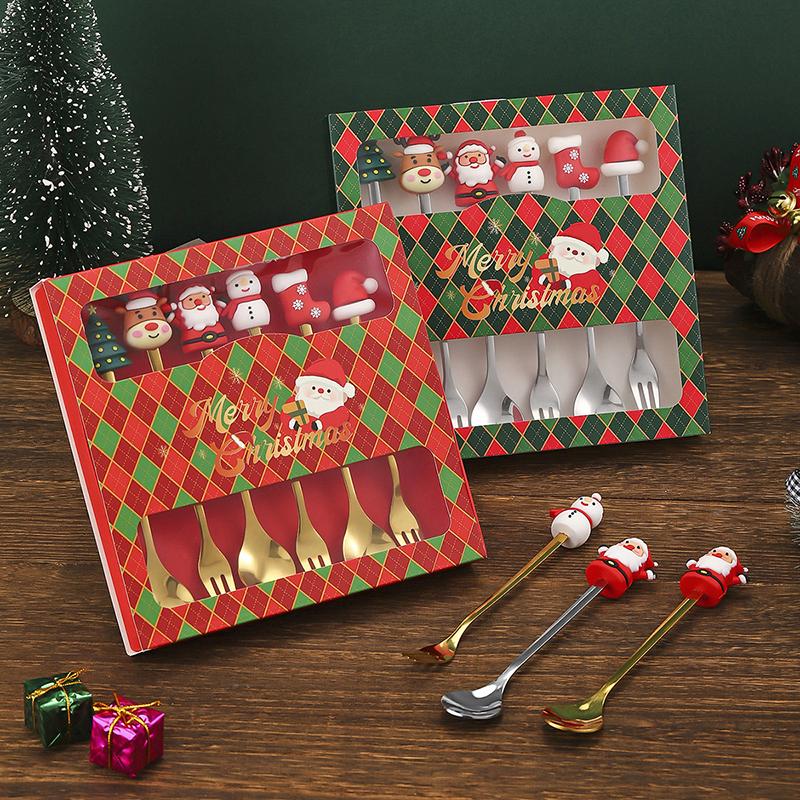 Рождественский набор вилок и ложек, Рождественская подарочная коробка с посудой, Посуда из нержавеющей стали, Вилка и ложка для кофе, чая и десерта