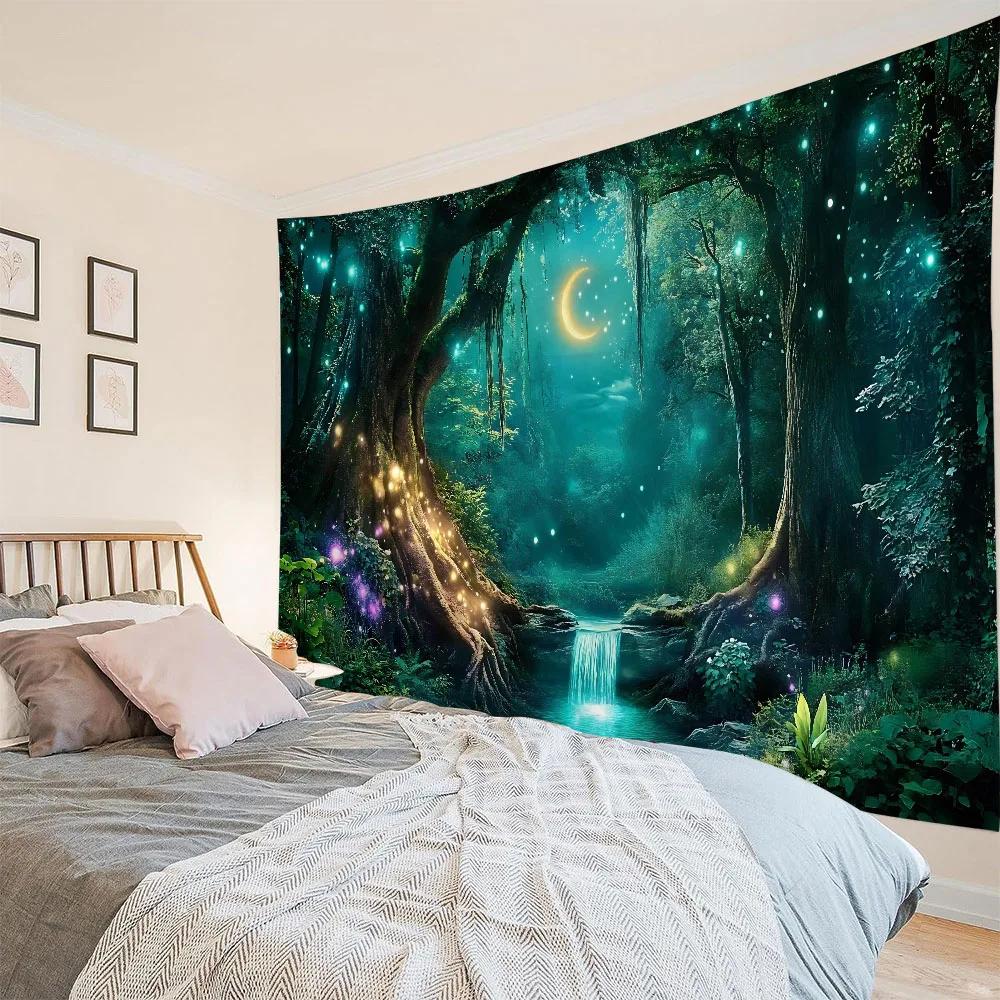Firefly Forest Dreamy Landscape Tapestry Hippie Starry Sky Wall Hanging Cloth Aesthetic Home Art Decoration Poster