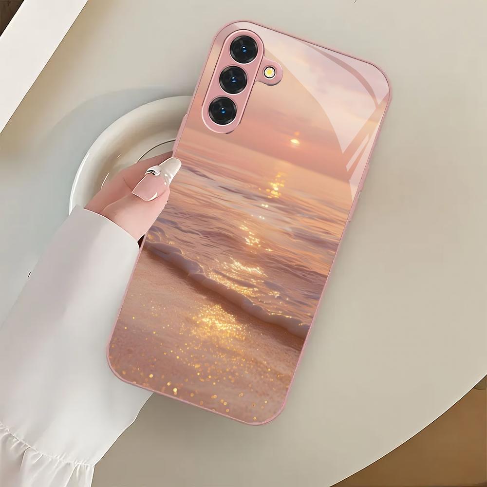 Стеклянный чехол для телефона с дизайном розового пляжа, подходит для Samsung Galaxy S26 S25 S24 S23 S22 S20 FE/Ultra/Plus, ударопрочная задняя крышка