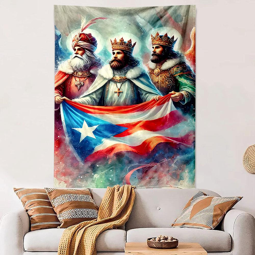 "Three Kings with Puerto Rican Flag Art" Patterned tapestry home decor, suitable for bedroom and living room, gift