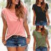 Summer Women Casual Solid Color Loose Tassel Round Neck Short Sleeve T-Shirt Top