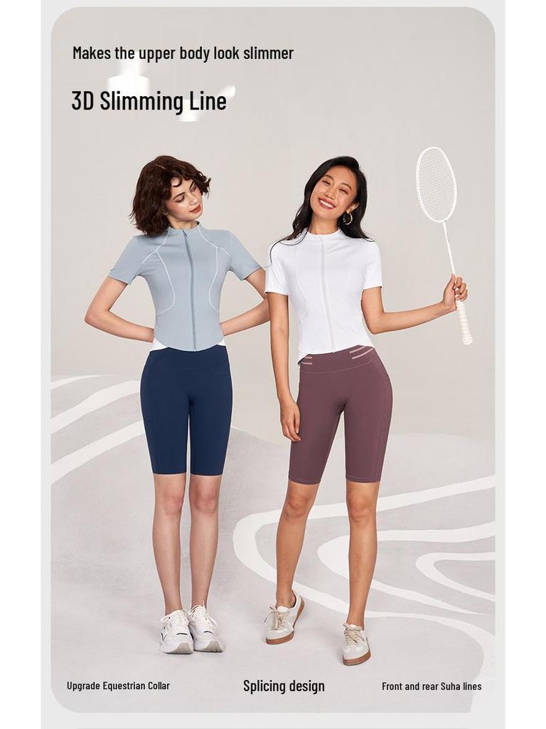 Женский спортивный топ с коротким рукавом, быстросохнущий: Куртка на молнии приталенного кроя для велоспорта, йоги, бега для летнего фитнеса