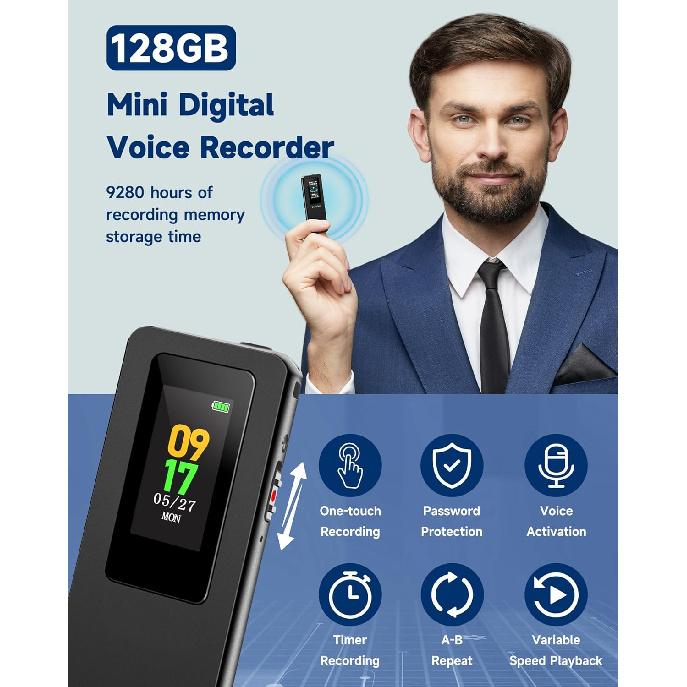 128GB Digital Voice Recorder, 3072Kbps Voice Activated Recorder with Playback, HD Noise Reduction for Lectures Interviews Meetings Classes