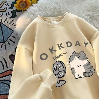 Новая женская модная повседневная толстовка с длинным рукавом и круглым вырезом с милым рисунком кота 2024