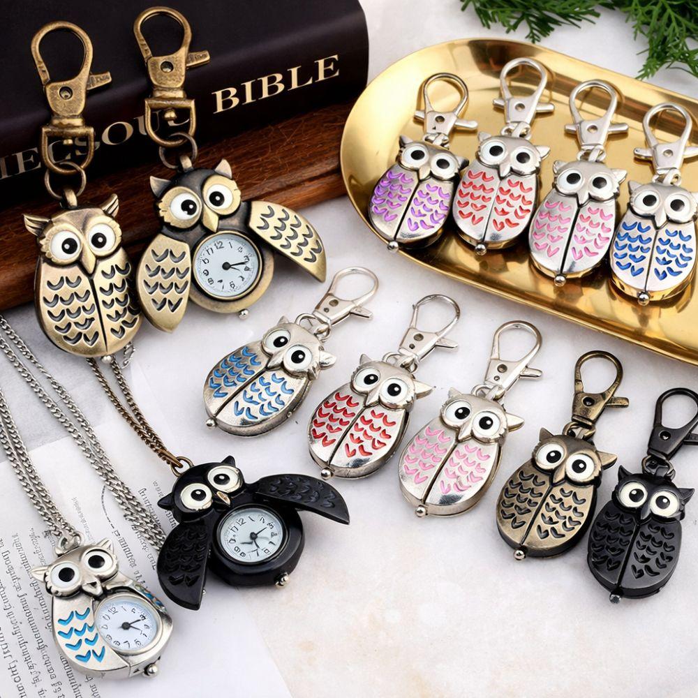 Flip Style Hang Watch Owl Shape Necklace Clock Pocket Watch Keychain For Unisex Adults Children