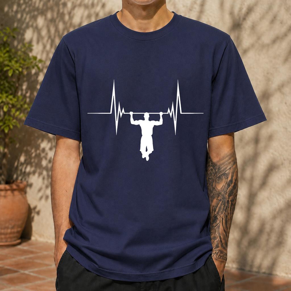 2026 New Cotton Tshirt Black Heartbeat Fitness Print Casual Short Sleeve