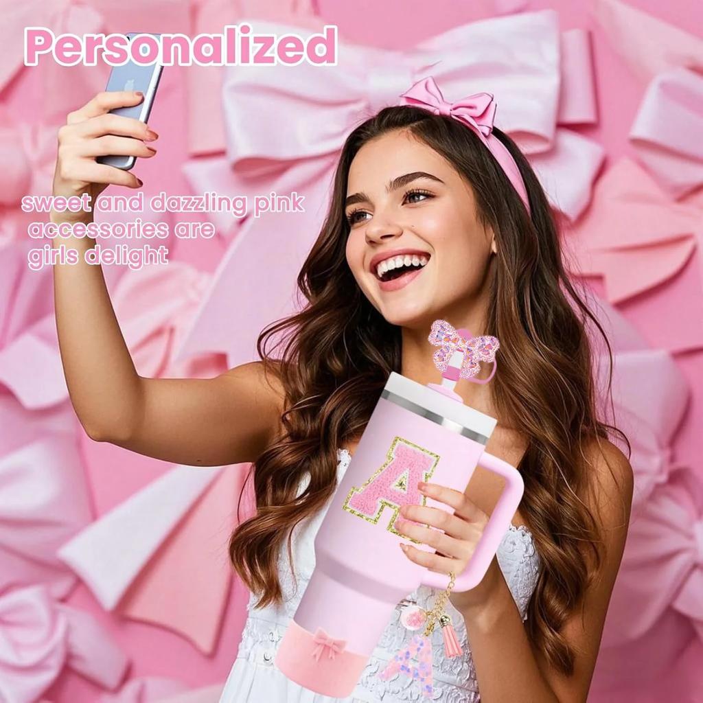 7PCS Pink Accessories for Stanley Cup 30/40 Oz Tumbler with Handle Bow Straw Topper Cover Cap Boot Initials Charm Letter Sticker