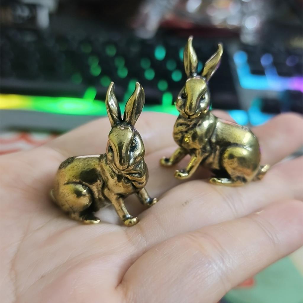 Pair of Antique Copper Zodiac Rabbit Tea Pets - Handcrafted Solid Brass Rabbits for Feng Shui & Home Decor, Vintage Tabletop Ornaments & Lucky Charms,