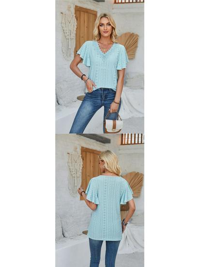 Spring/Summer Women's Lace V-Neck Ruffle Sleeve Loose T-Shirt