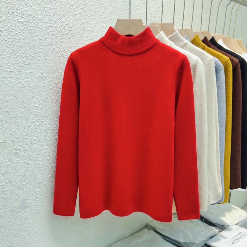 Autumn Warm Velvet Knitted Women's Sweater Casual Winter New Thicken Half High Collar Base Pullover Sweaters Elegant Solid Slim Plush Knitwears 25206