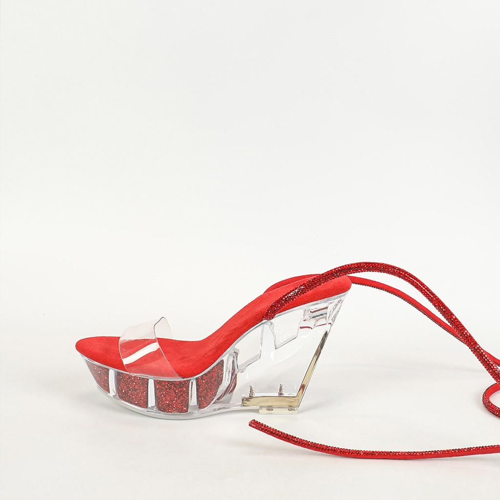 Strap Slope Heel 11CM Nightclub Shoes Trendy Car Model Women's Shoes Walk Show Steel Pipe Dance Shoes Crystal Sole LFD