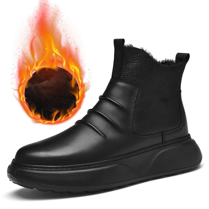 Fashion Brand Classic Black Side Zipper Winter Men's Outdoor Boots Fashion Warm Mid Top Cotton Shoe with Leather Top Layer Cowhide Boots