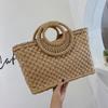 Yogodlns Straw Handbag Women New Straw Beach Bag Hand-Woven Simple Wild Summer Vacation Travel Trend Retro Casual Rattan Bag