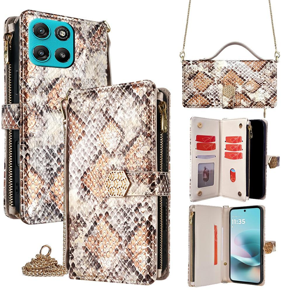 For Motorola Moto G67 Power 5G Case Snake Skin Texture PU Leather Phone Wallet Cover with Shoulder Strap
