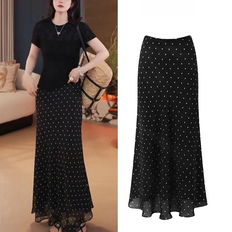 Fish Tail Skirt For Women With Polka Dot Pattern Summer Chiffon High Waist Retro Fashion