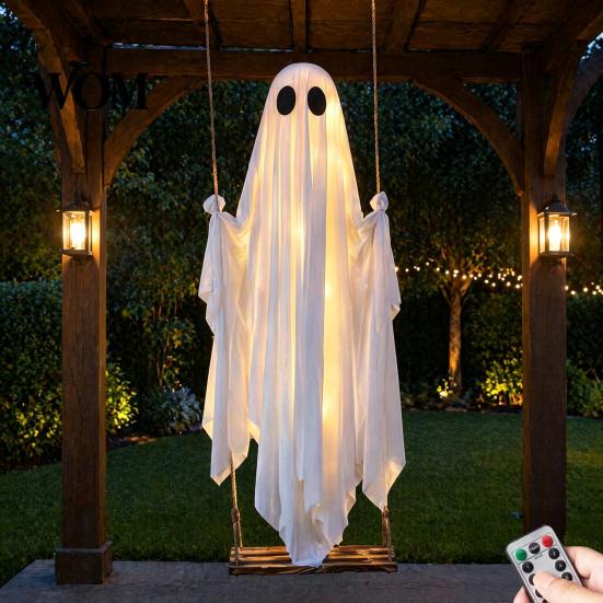 Festive Hanging Ghost with LED Lights Large Swing Halloween Decoration Remote Control And String Creative for Front Door Light, Outdoor Scary